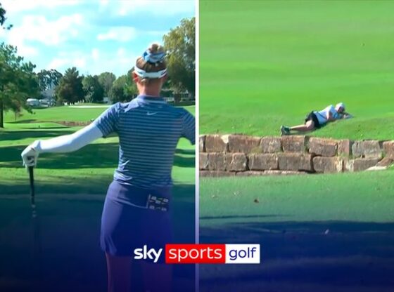 A volunteer was forced to lie down in the rough as Nelly Korda hit her tee shot at the 14th hole of the Walmart NW Arkansas Championship.